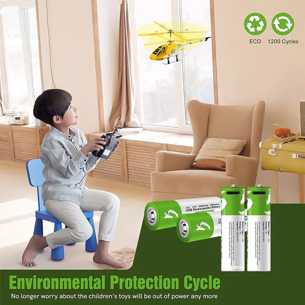 AA Rechargeable Batteries 4 Packs,1.5V 2600Mwh USB AA Lithium Batteries