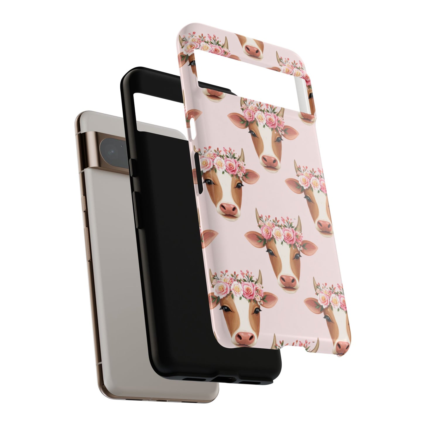 Floral Cow Phone Case – Cute Pink Cow Print Tough Protective Case for Iphone, Samsung Galaxy and Pixel