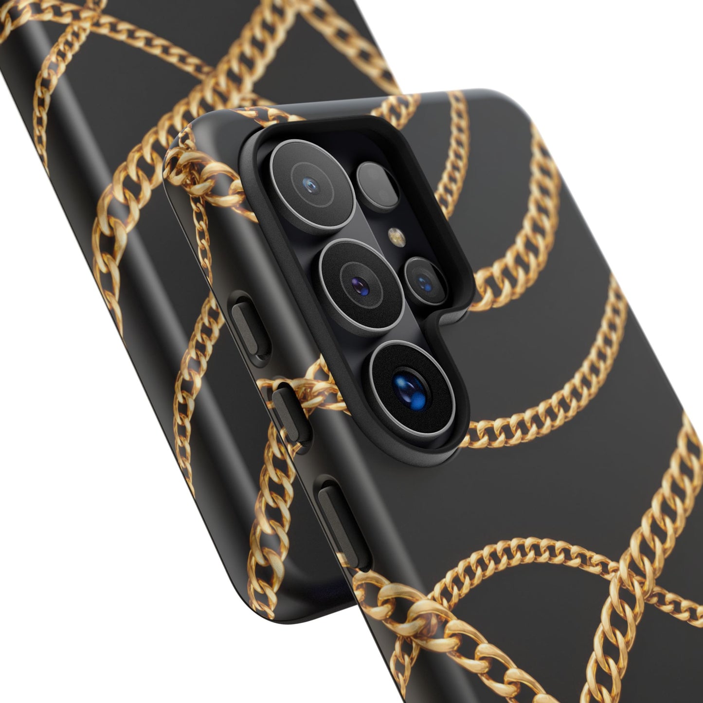Luxury Gold Chain Phone Case – Black Designer Style Tough Protective Cover for Iphone, Samsung Galaxy and Pixel