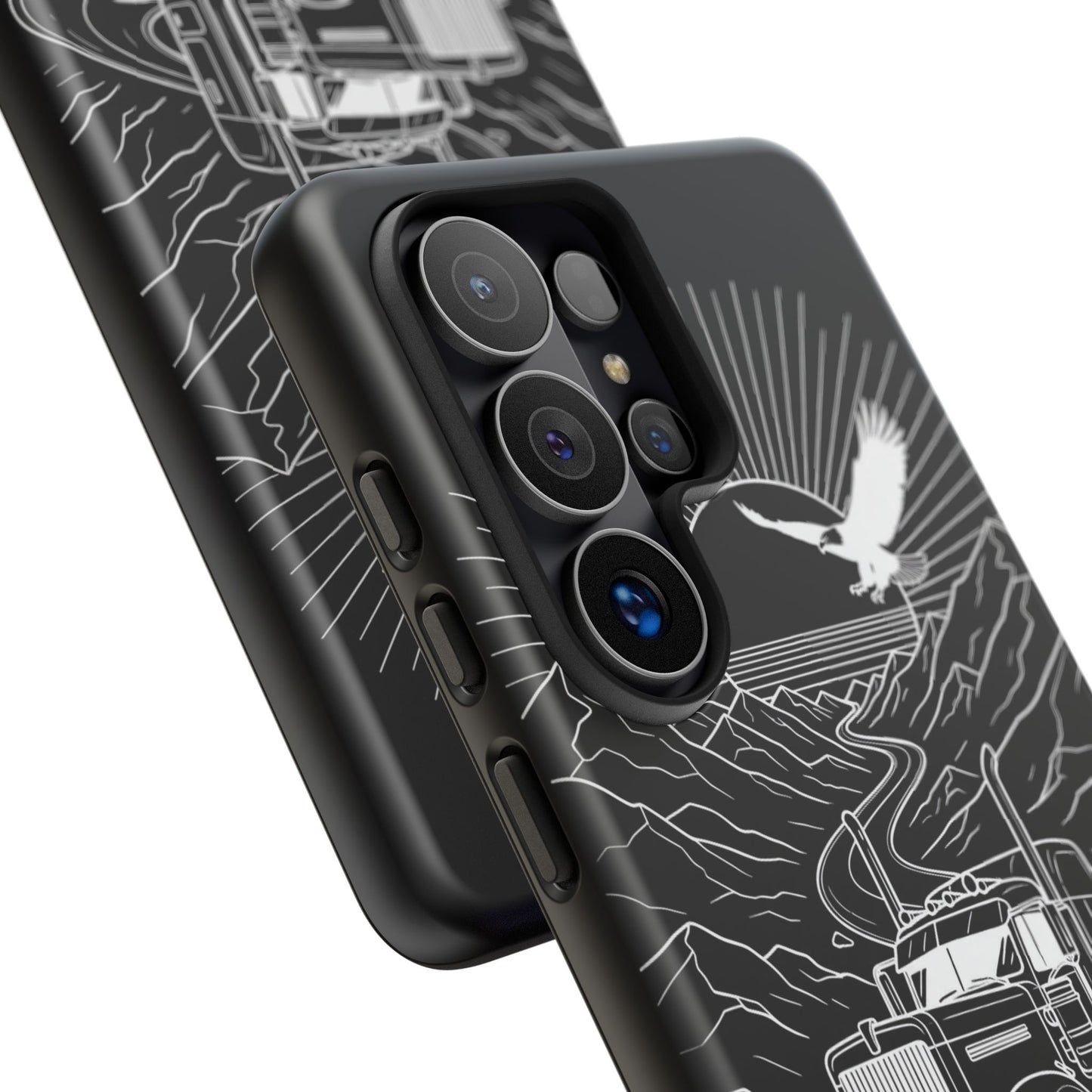 Trucker Highway Phone Case | Eagle & Mountain Line Art | Black Western Tough Case