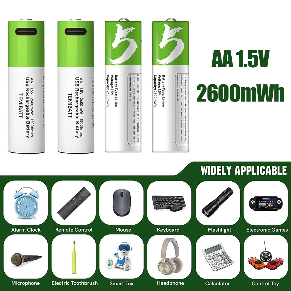 AA Rechargeable Batteries 4 Packs,1.5V 2600Mwh USB AA Lithium Batteries