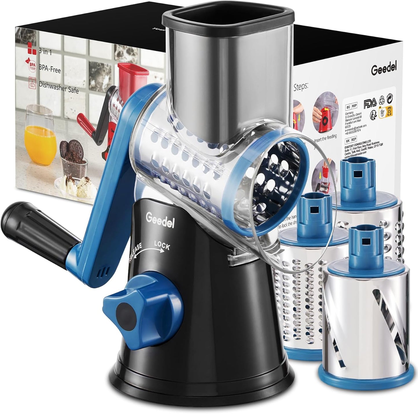 Rotary Cheese Grater, Kitchen Mandoline Vegetable Slicer with 3 Interchangeable Blades, Easy to Clean Rotary Grater Slicer for Fruit, Vegetables, Nuts