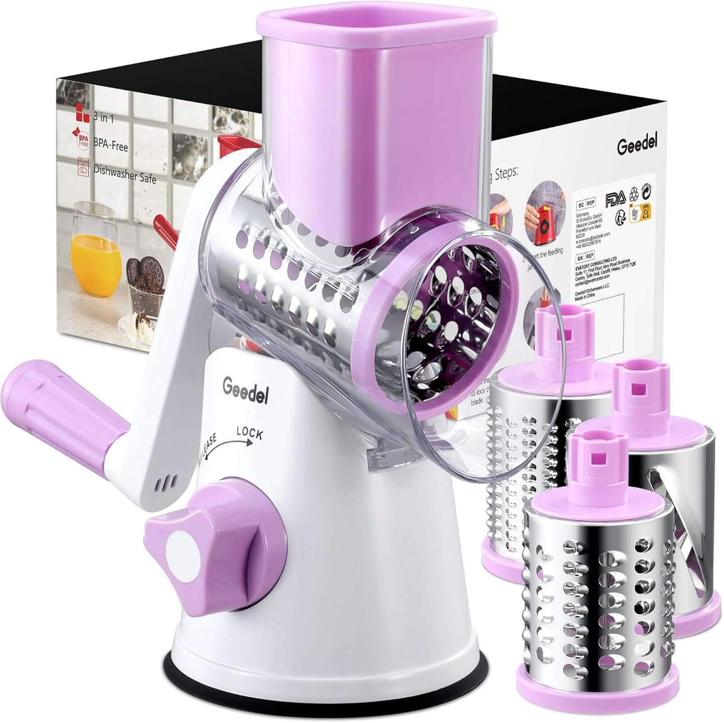 Rotary Cheese Grater, Kitchen Mandoline Vegetable Slicer with 3 Interchangeable Blades, Easy to Clean Rotary Grater Slicer for Fruit, Vegetables, Nuts