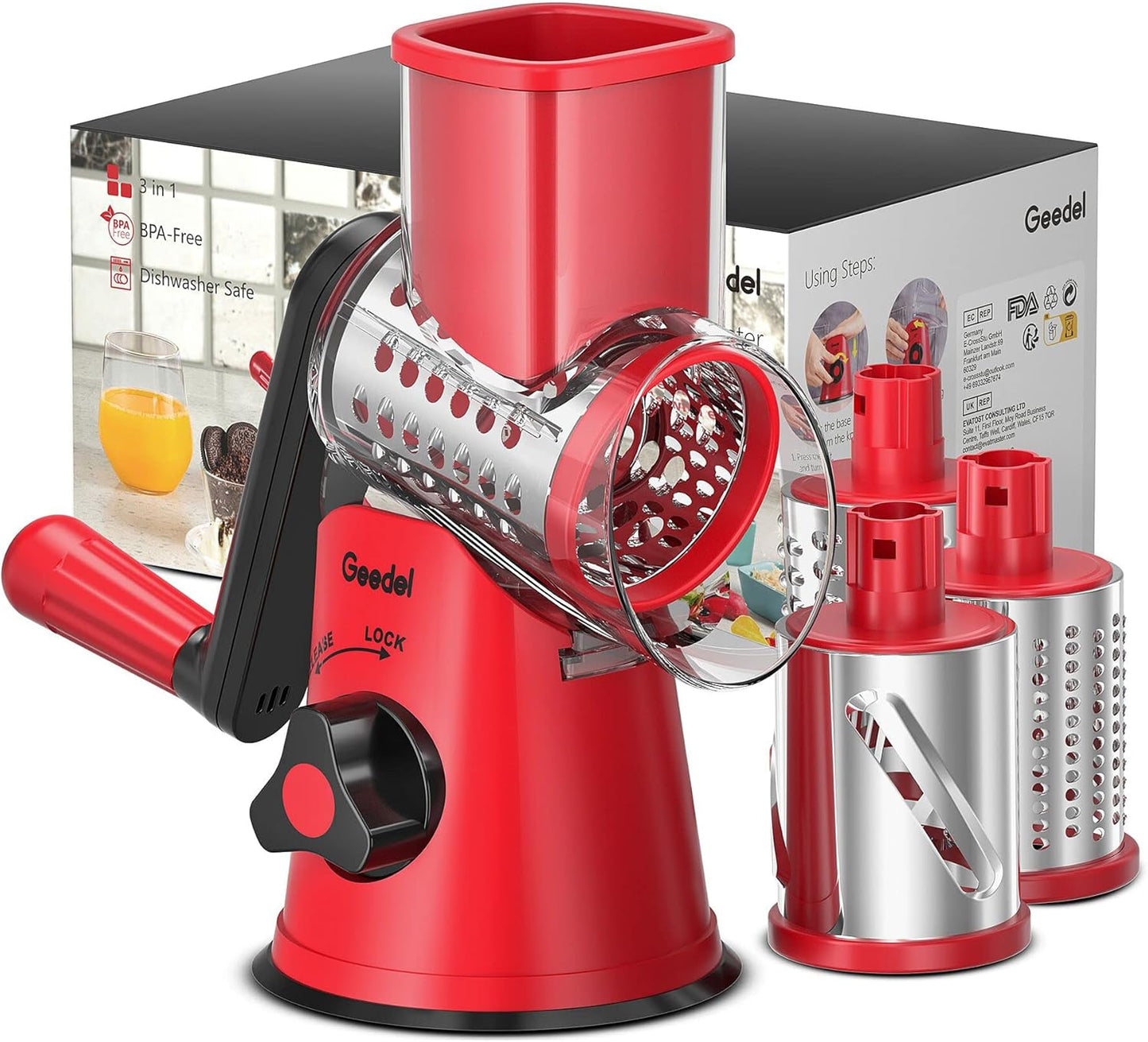 Rotary Cheese Grater, Kitchen Mandoline Vegetable Slicer with 3 Interchangeable Blades, Easy to Clean Rotary Grater Slicer for Fruit, Vegetables, Nuts