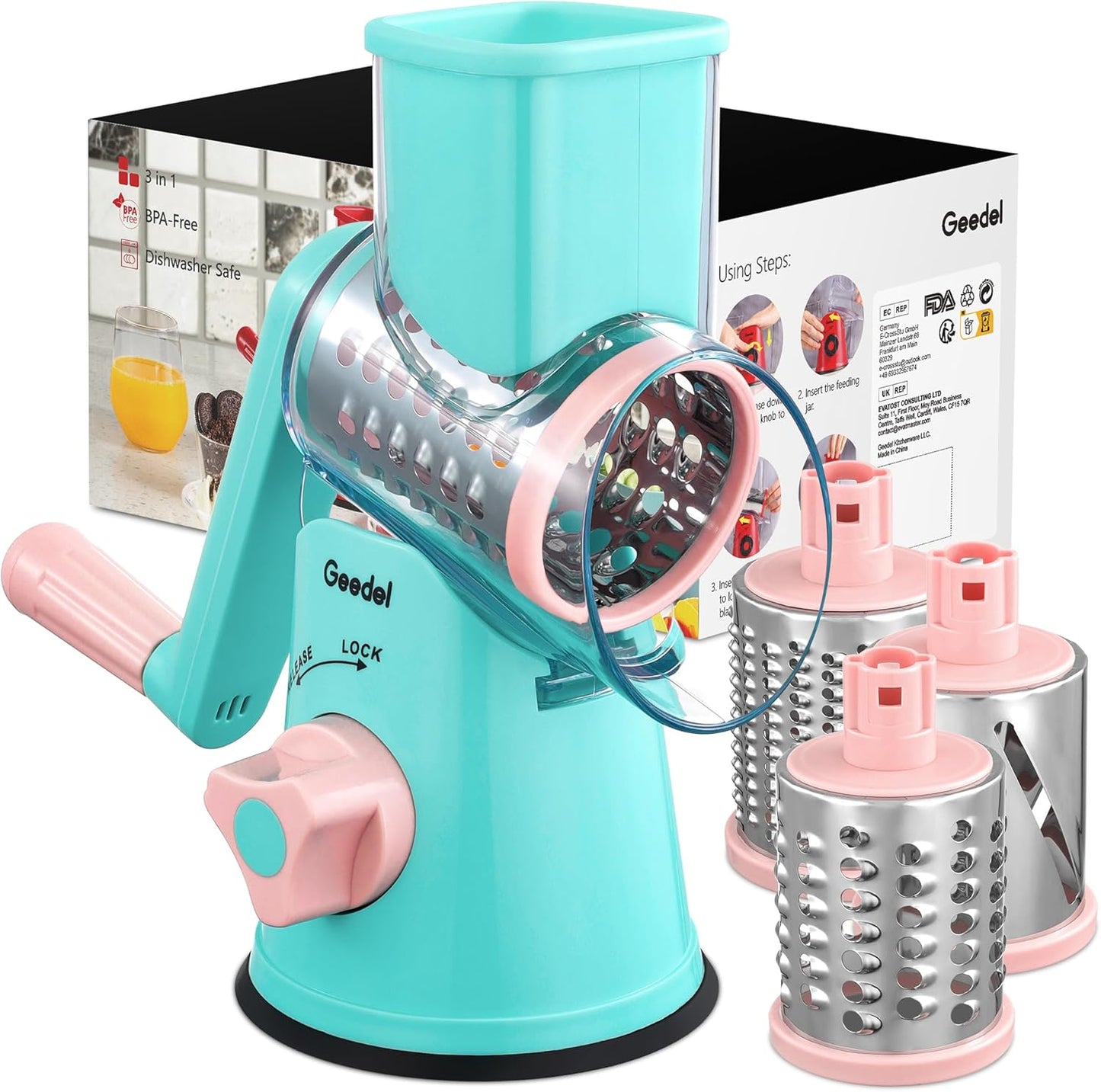 Rotary Cheese Grater, Kitchen Mandoline Vegetable Slicer with 3 Interchangeable Blades, Easy to Clean Rotary Grater Slicer for Fruit, Vegetables, Nuts
