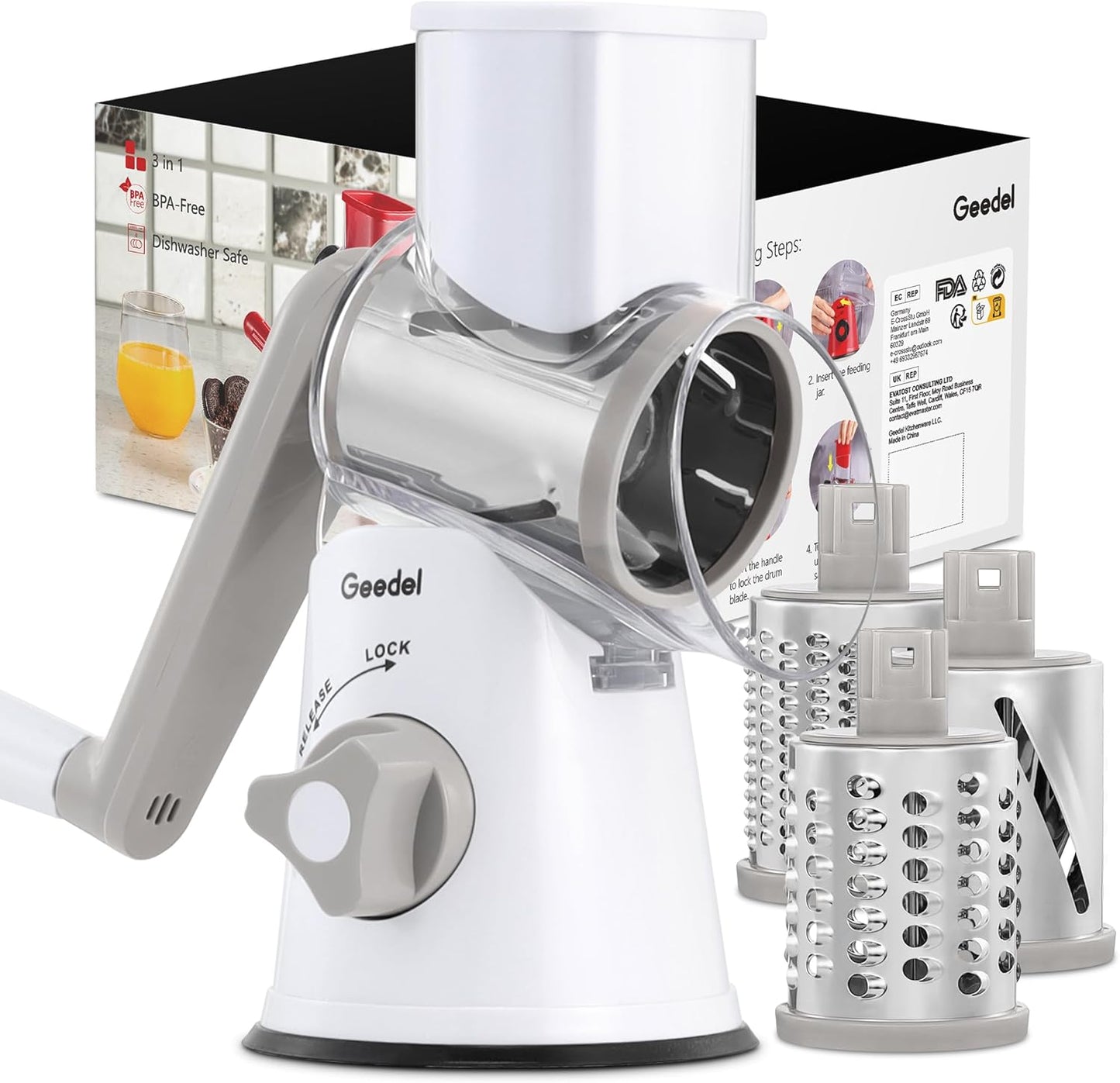 Rotary Cheese Grater, Kitchen Mandoline Vegetable Slicer with 3 Interchangeable Blades, Easy to Clean Rotary Grater Slicer for Fruit, Vegetables, Nuts