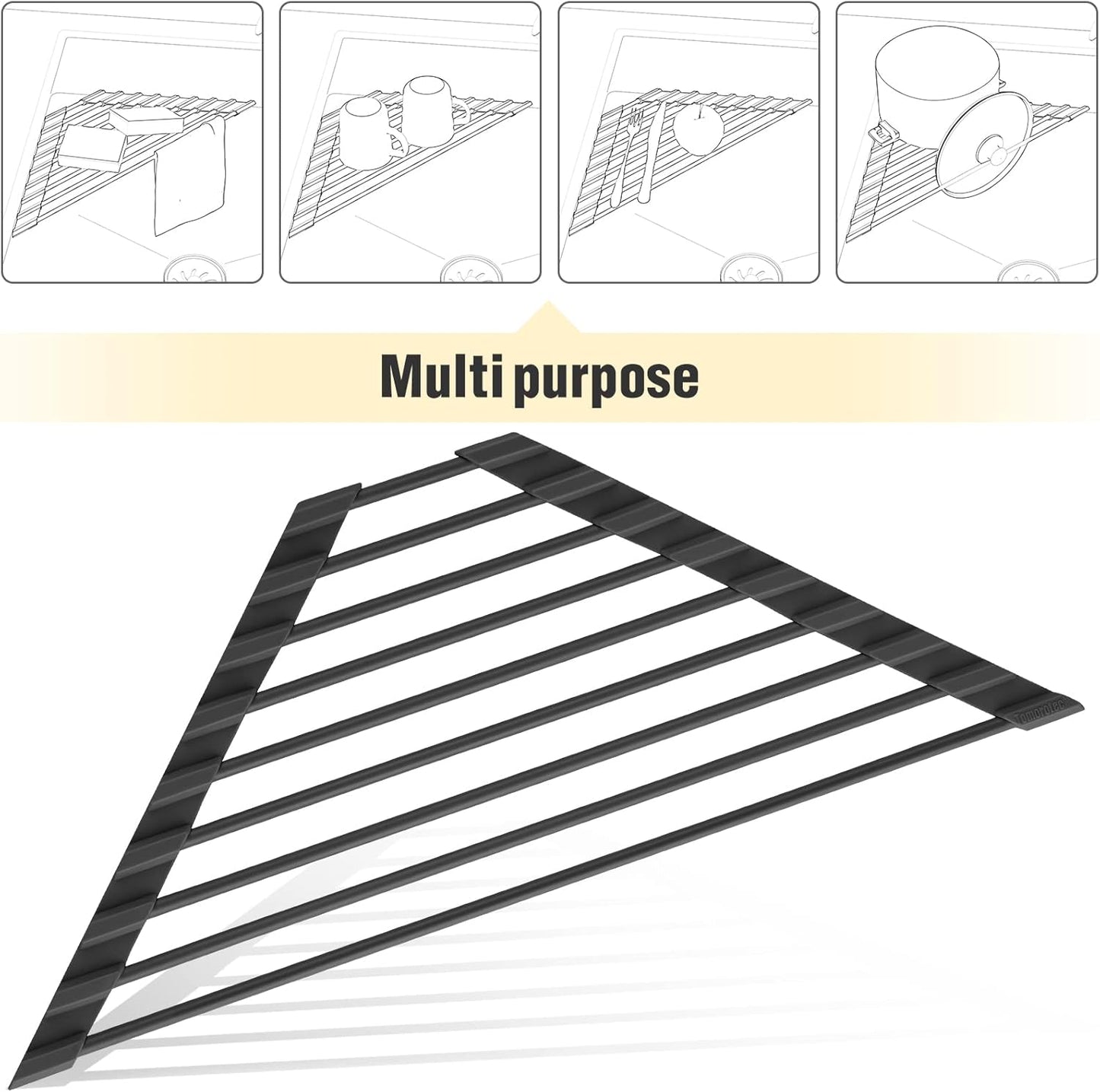 Small Triangle Roll-Up Dish Drying Rack with Silicone Coating Stainless Steel Frame for Sink Corners, Multipurpose Over-The-Sink Kitchen Drainer & Organizer for Space-Saving Storage (Black)