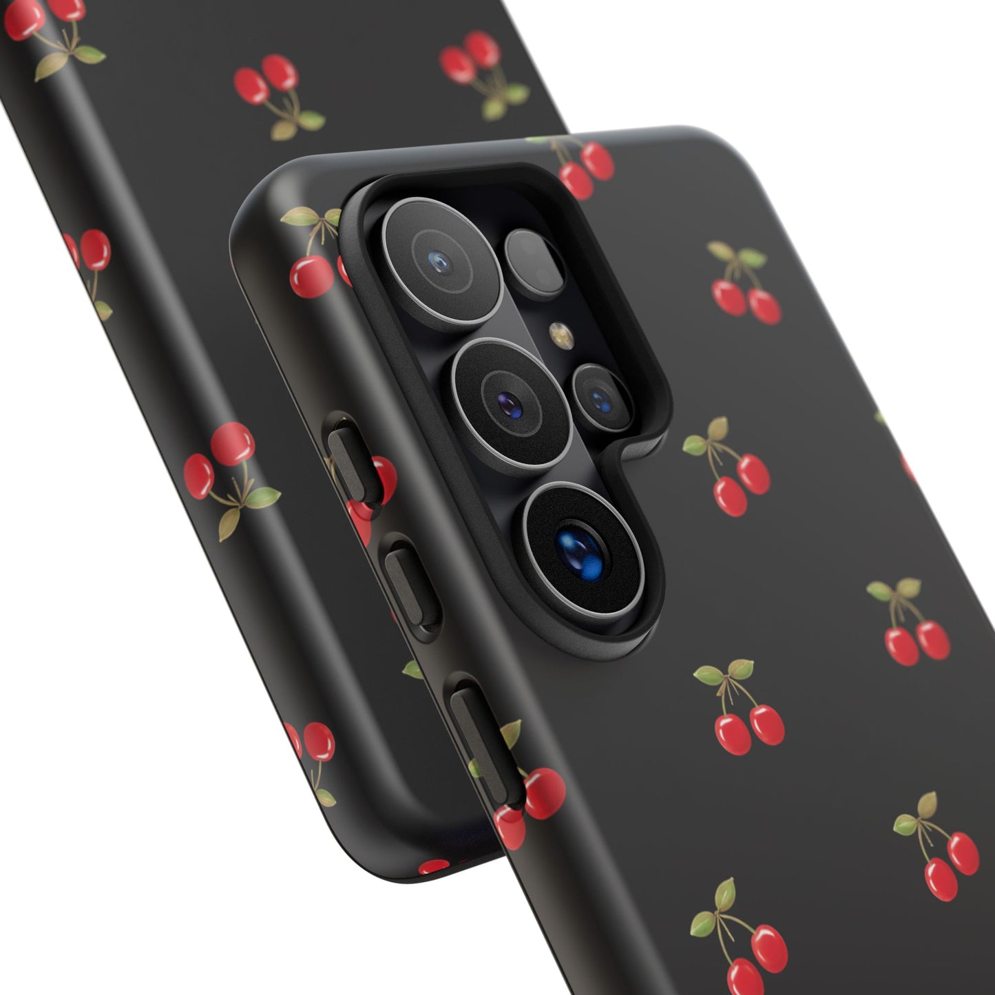 Cherry Pattern Phone Case — Slim Black Protective iPhone Case with Red Cherries for Iphone, Samsung Galaxy and Pixel