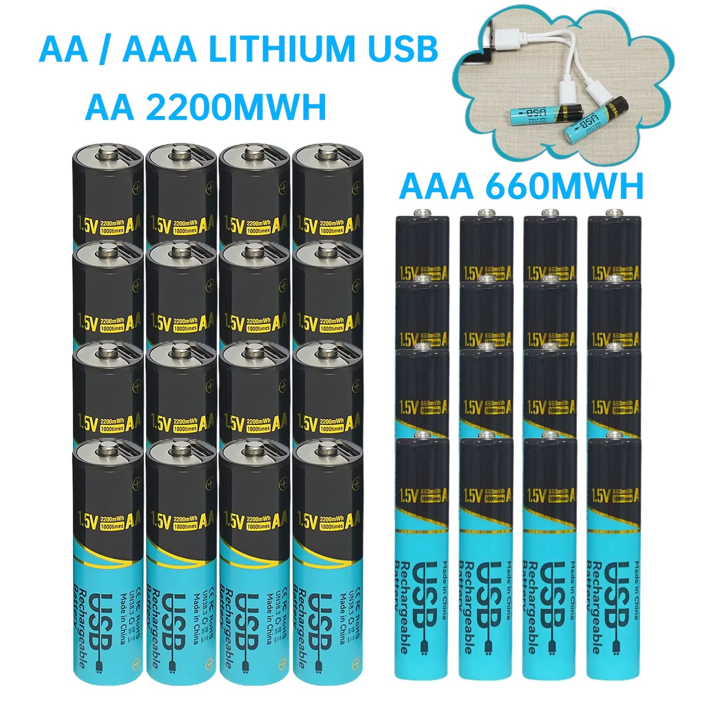 Lot 660Mwh/2200Mwh 1.5V AA AAA Rechargeable Lithium Batteries USB Type-C Fast Charge Battery