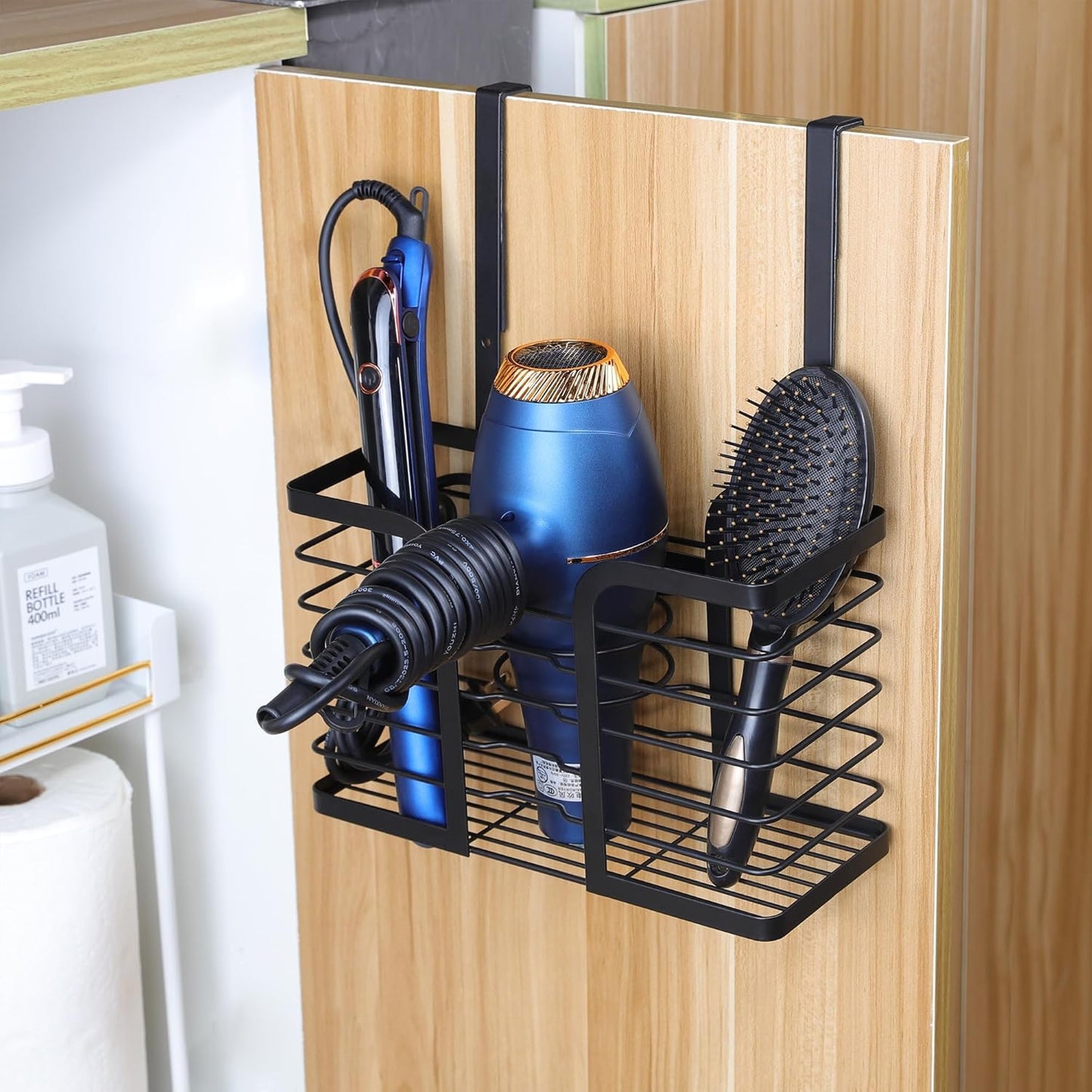 Hair Dryer Holder - Hair Tool Organizer 3-In-1 Blow Dryer Holder Adjustable Height, Bathroom Organizer Wall Mounted/Cabinet Door for Flat/Curling Irons, Hair Straighteners