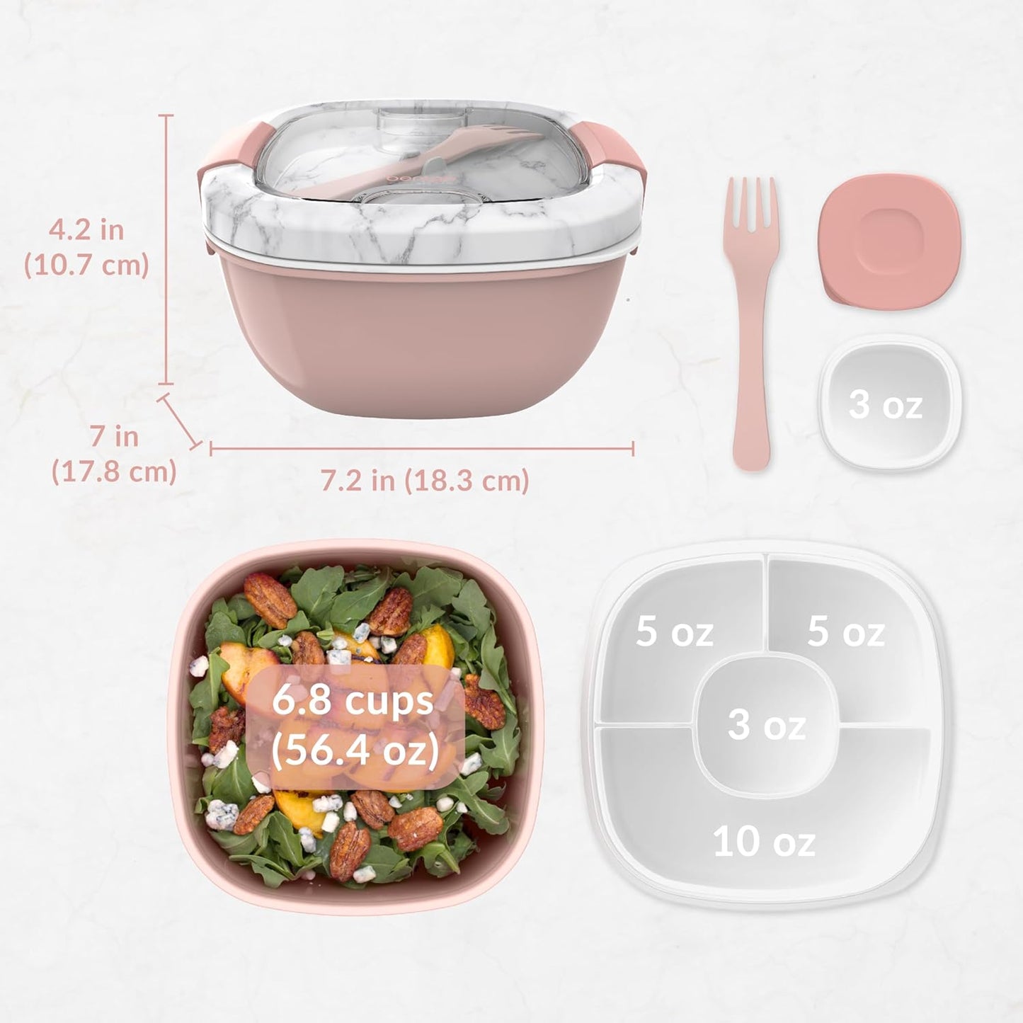 Salad Container - 54 Oz Bowl with 4-Compartment Toppings Tray, Dressing Container, Reusable Fork, Bpa-Free Lunch Box for Meal Prep & Food Storage; Removable Bento Tray (Blush Marble)