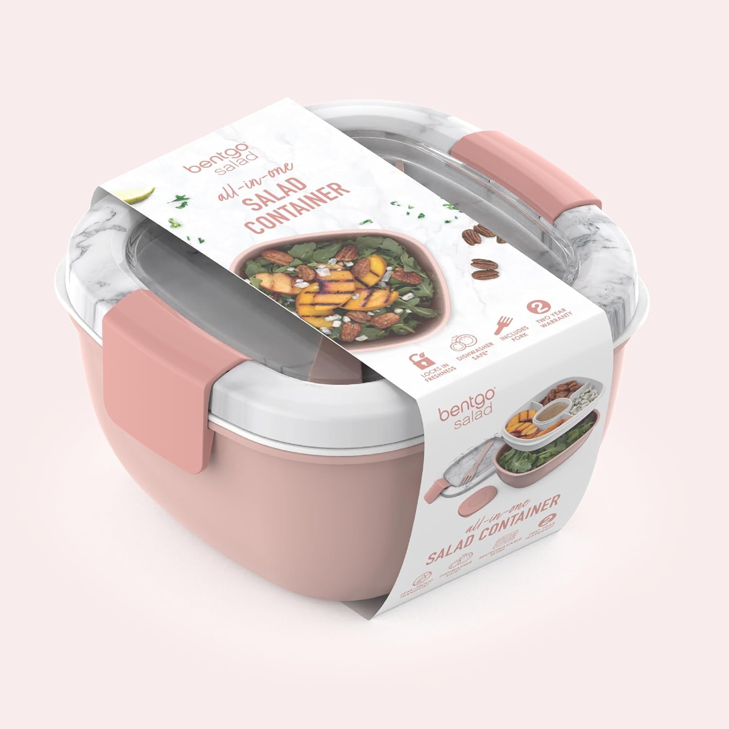 Salad Container - 54 Oz Bowl with 4-Compartment Toppings Tray, Dressing Container, Reusable Fork, Bpa-Free Lunch Box for Meal Prep & Food Storage; Removable Bento Tray (Blush Marble)