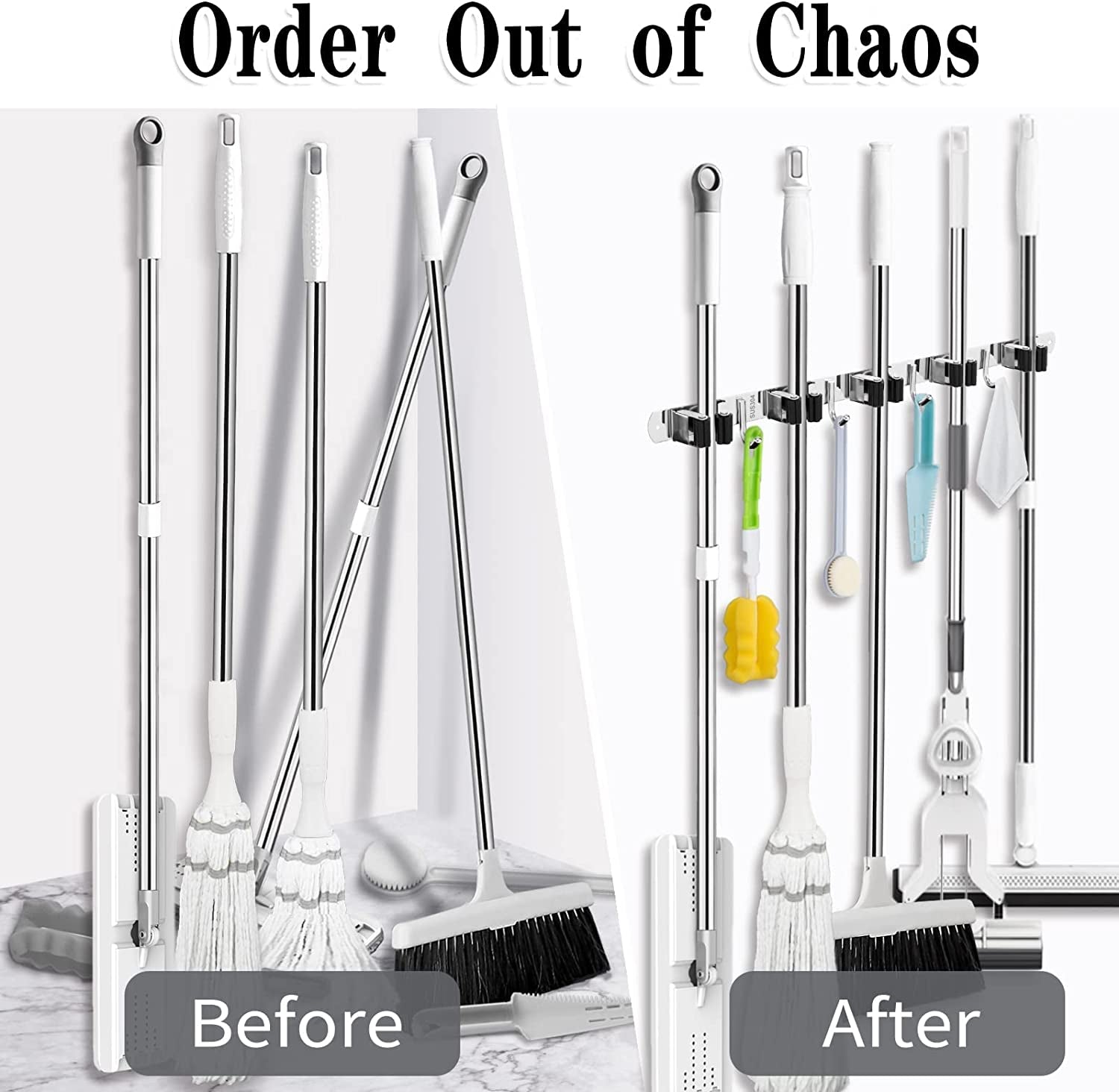 5 Racks and 4 Hooks Mop and Broom Holder Wall Mount, Broom Organizer Storage Tool Racks Stainless Steel Heavy Duty Hooks Self Adhesive Solid Non-Slip for Home Kitchen Garden Laundry Garage