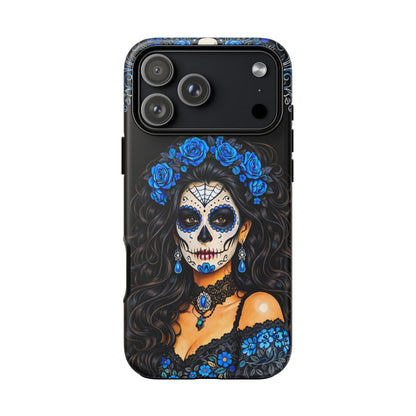 Blue Sugar Skull Woman Phone Case – Day of the Dead Aesthetic Tough Cover