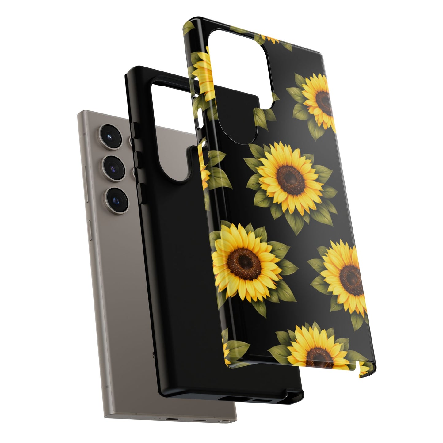 Sunflower Floral Tough Phone Case – Black Background Protective Cover for Iphone, Samsung Galaxy and Pixel