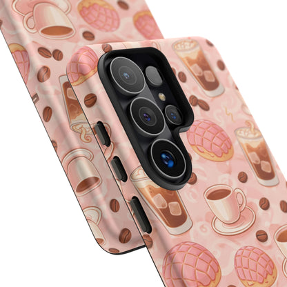 Cute Coffee & Pink Concha Phone Case – Coffee Lover Aesthetic Latte Pattern Tough Case