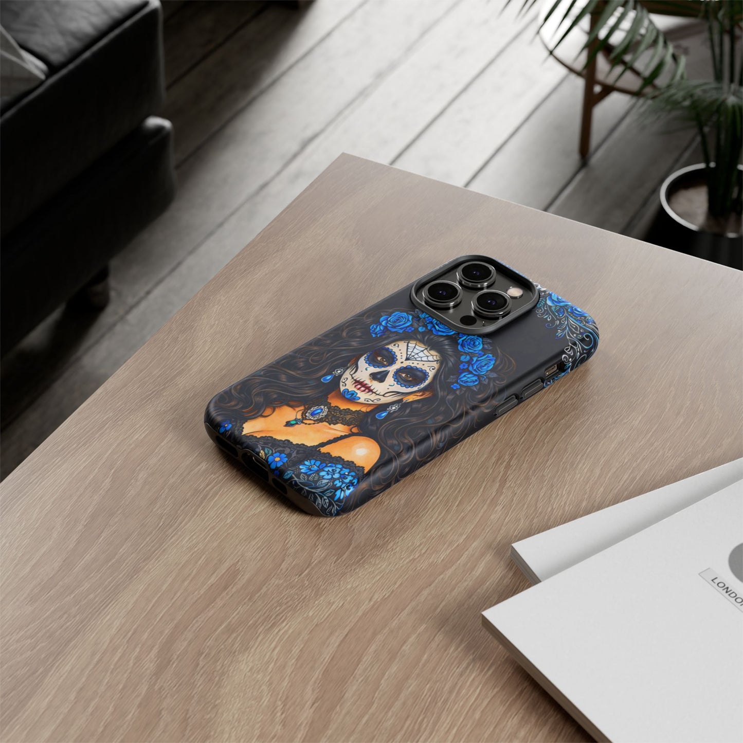 Blue Sugar Skull Woman Phone Case – Day of the Dead Aesthetic Tough Cover