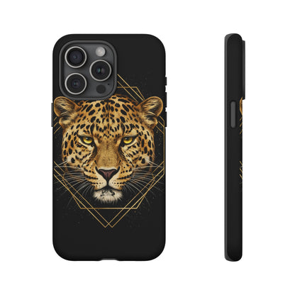Leopard Head Geometric Phone Case – Black & Gold Luxe Tough Case