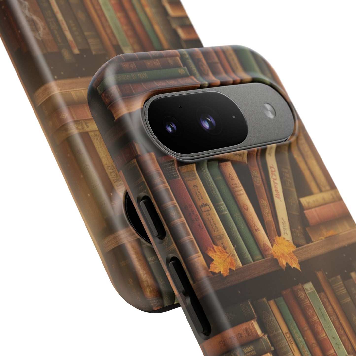 Cozy Vintage Bookshelf Phone Case, Library Aesthetic Book Stack, Autumn Coffee Vibes (iPhone, Samsung, Pixel)