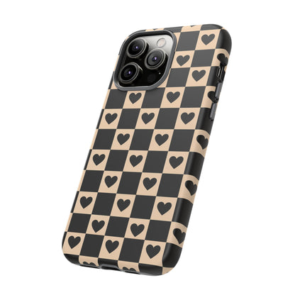 Checkerboard Heart Phone Case – Black & Beige Cute Aesthetic Protective Cover for Iphone, Samsung Galaxy and Pixel