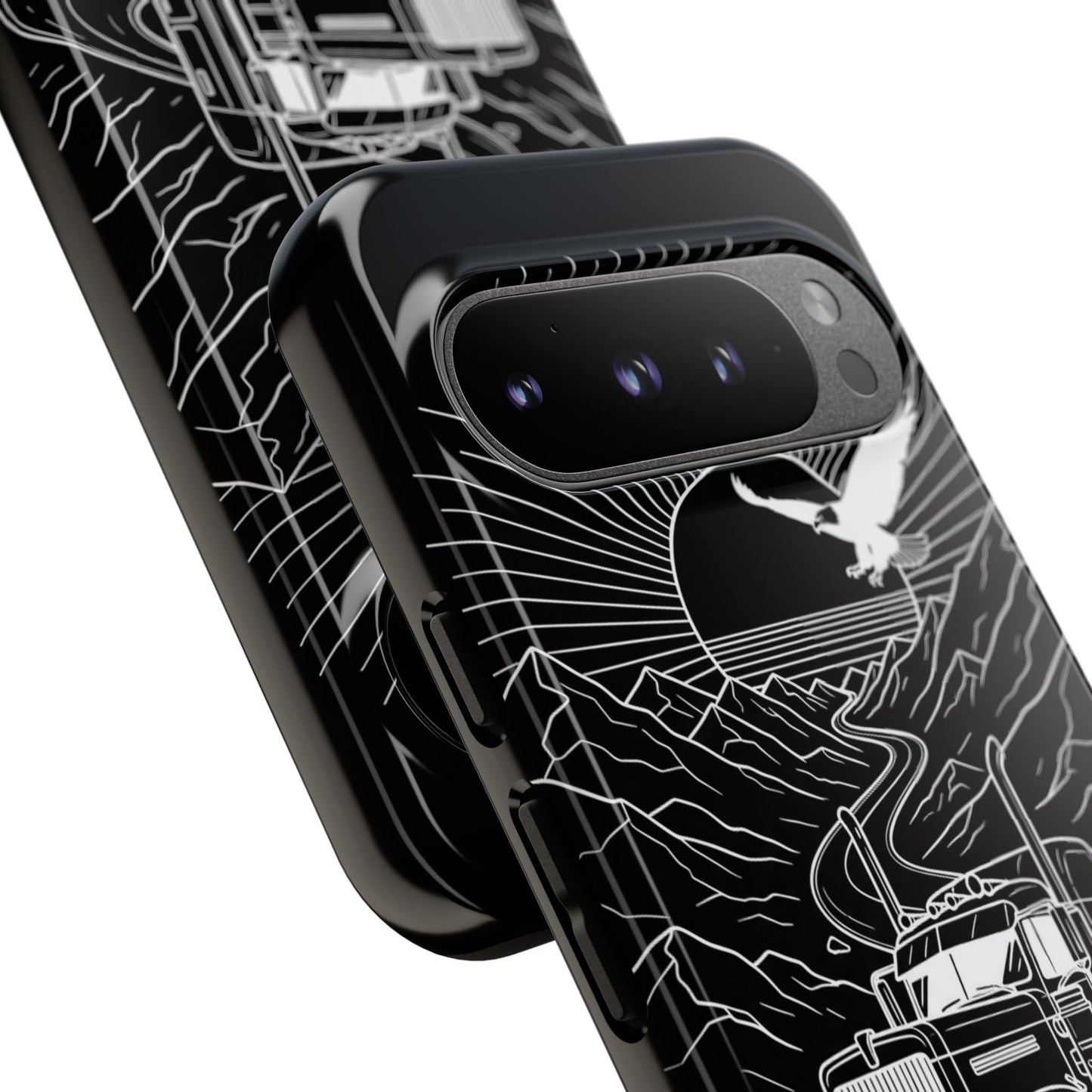 Trucker Highway Phone Case | Eagle & Mountain Line Art | Black Western Tough Case