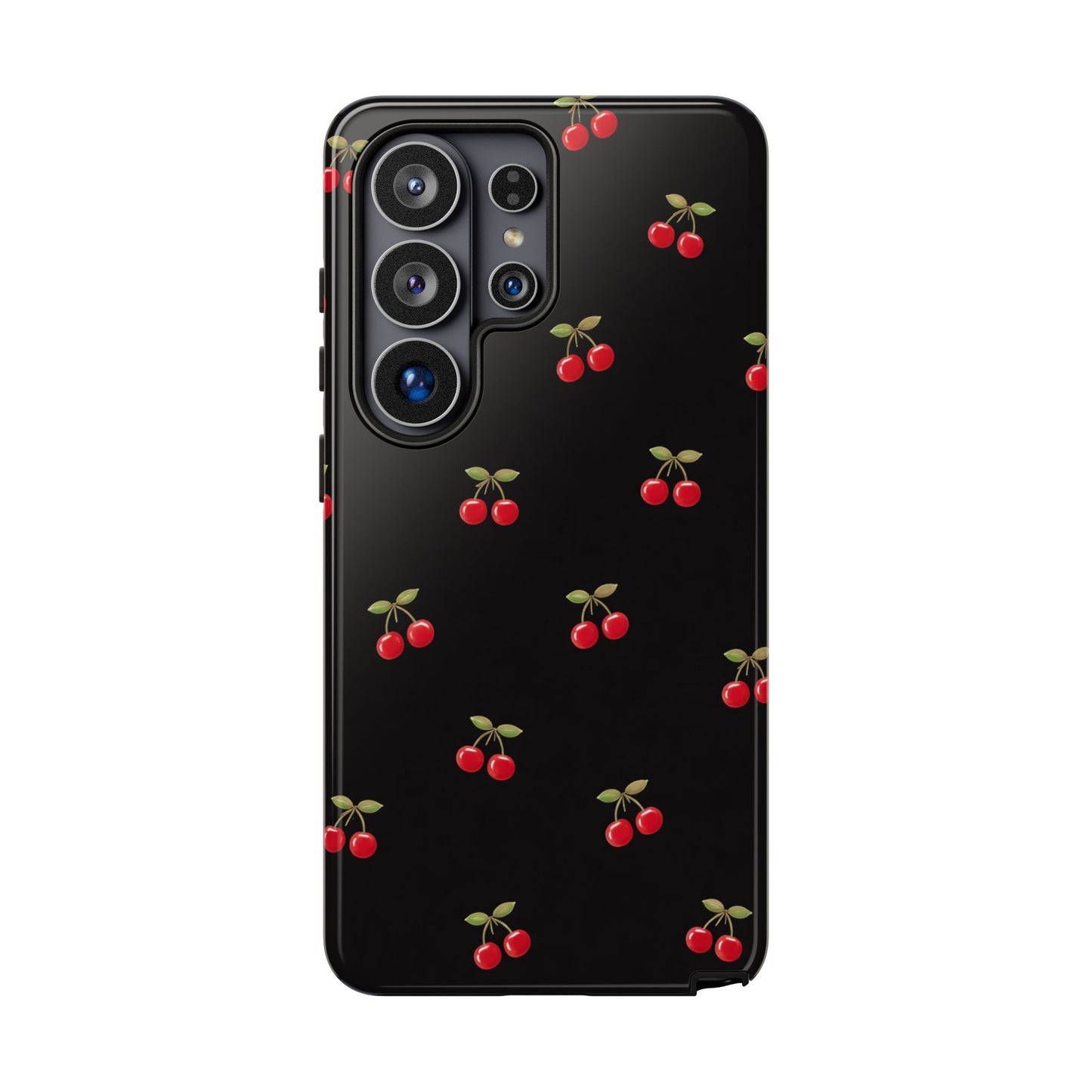 Cherry Pattern Phone Case — Slim Black Protective iPhone Case with Red Cherries for Iphone, Samsung Galaxy and Pixel