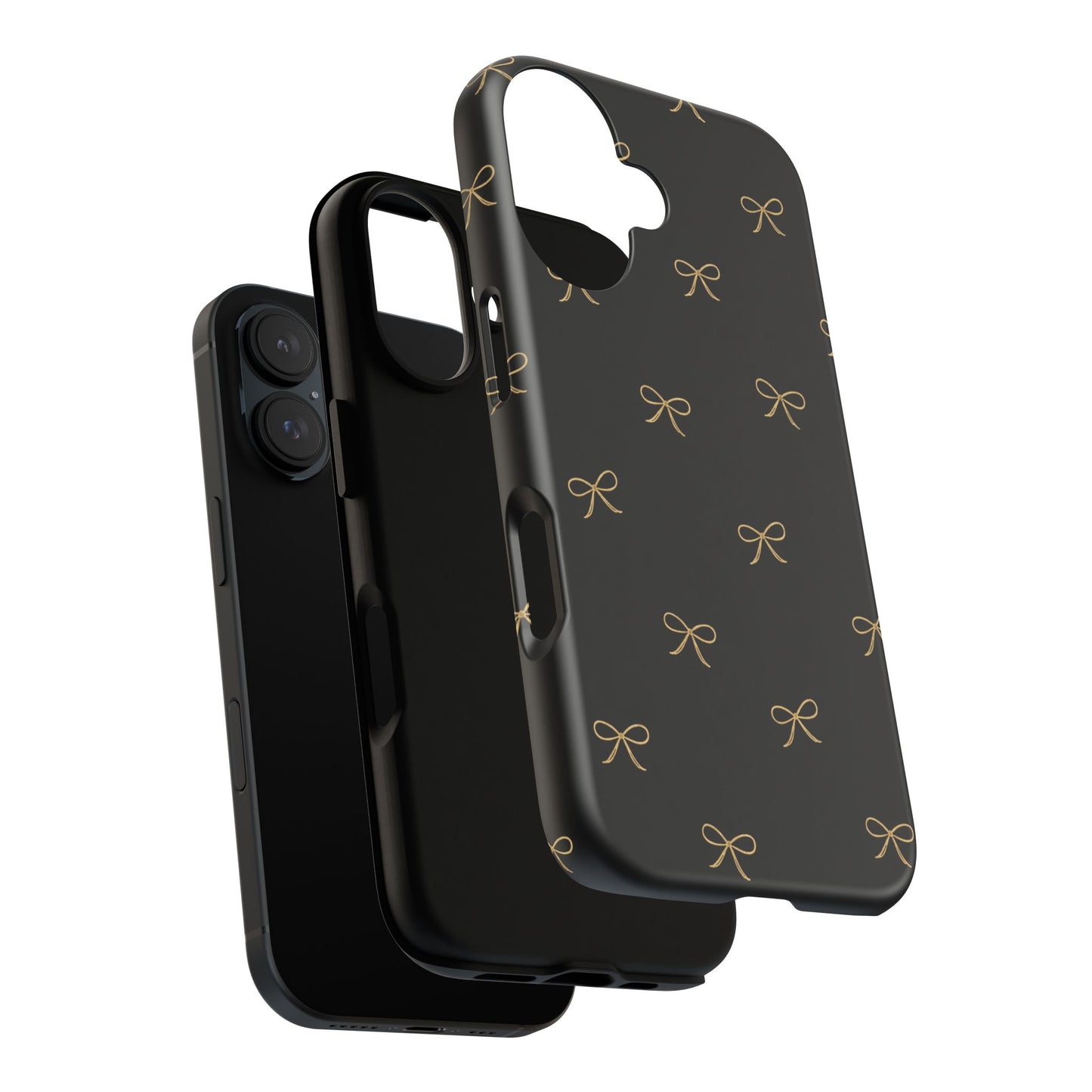 Black Phone Case with Gold Bow Pattern – Slim Protective Cute Aesthetic Cover for Iphone, Samsung Galaxy and Pixel