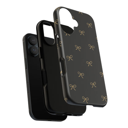 Black Phone Case with Gold Bow Pattern – Slim Protective Cute Aesthetic Cover for Iphone, Samsung Galaxy and Pixel