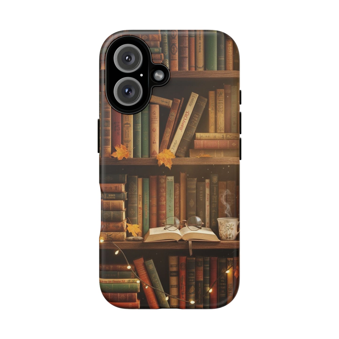 Cozy Vintage Bookshelf Phone Case, Library Aesthetic Book Stack, Autumn Coffee Vibes (iPhone, Samsung, Pixel)