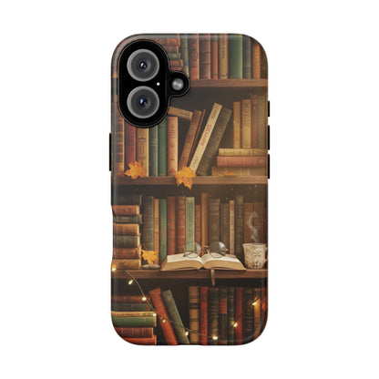 Cozy Vintage Bookshelf Phone Case, Library Aesthetic Book Stack, Autumn Coffee Vibes (iPhone, Samsung, Pixel)