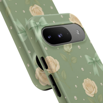 Vintage Rose Bow Phone Case – Sage Green Floral Coquette Aesthetic Tough Case (iPhone, Samsung, Pixel)