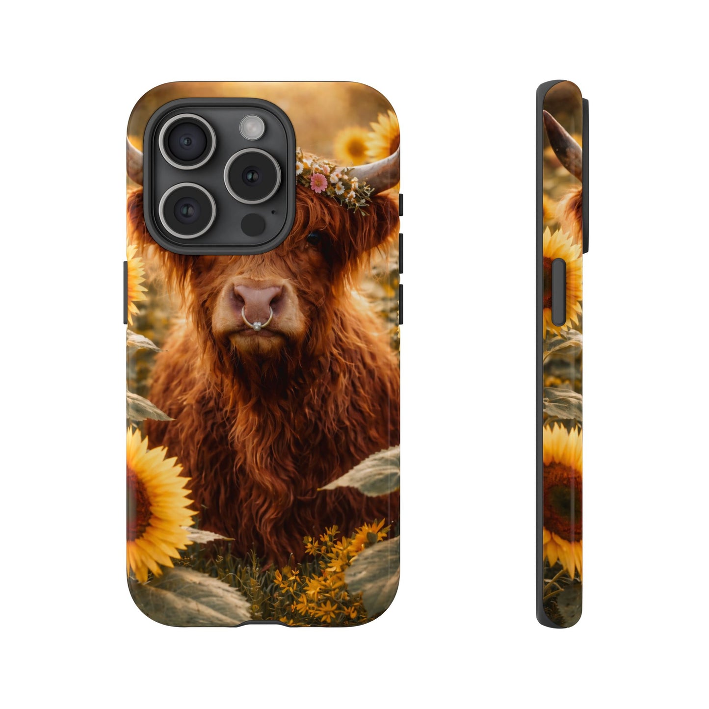 Highland Cow Sunflower Phone Case | Floral Farmhouse iPhone, Samsung Galaxy and Pixel Cover