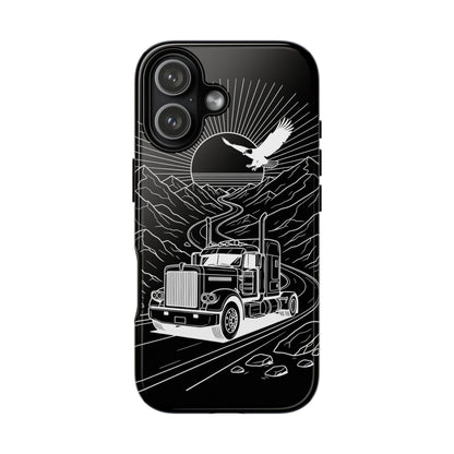 Trucker Highway Phone Case | Eagle & Mountain Line Art | Black Western Tough Case