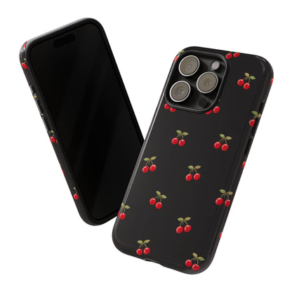 Cherry Pattern Phone Case — Slim Black Protective iPhone Case with Red Cherries for Iphone, Samsung Galaxy and Pixel