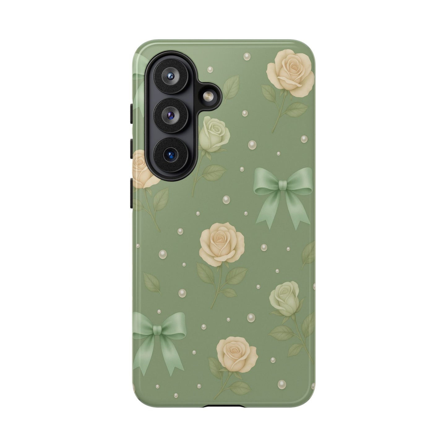 Vintage Rose Bow Phone Case – Sage Green Floral Coquette Aesthetic Tough Case (iPhone, Samsung, Pixel)