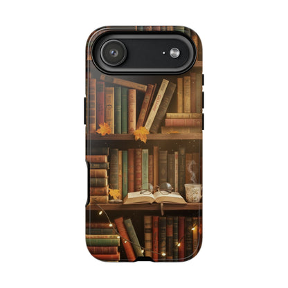 Cozy Vintage Bookshelf Phone Case, Library Aesthetic Book Stack, Autumn Coffee Vibes (iPhone, Samsung, Pixel)