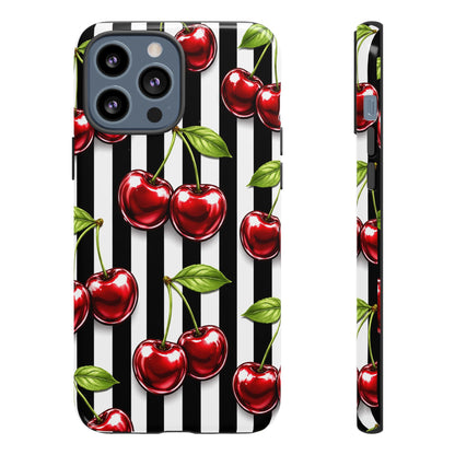 Cherry Pattern Phone Case Black White Stripe Retro Aesthetic Tough Cover