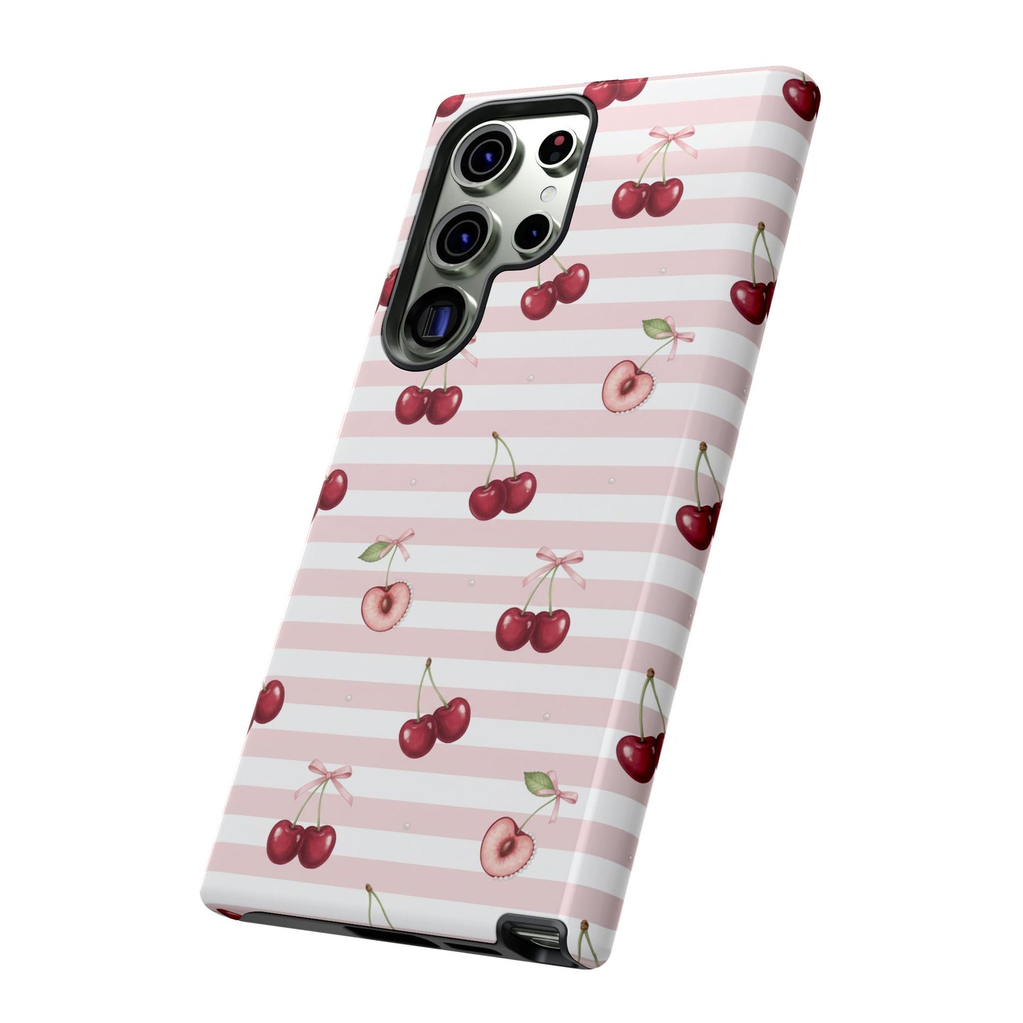 Pink Cherry Stripe Phone Case | Cute Coquette Aesthetic Protective Tough Case