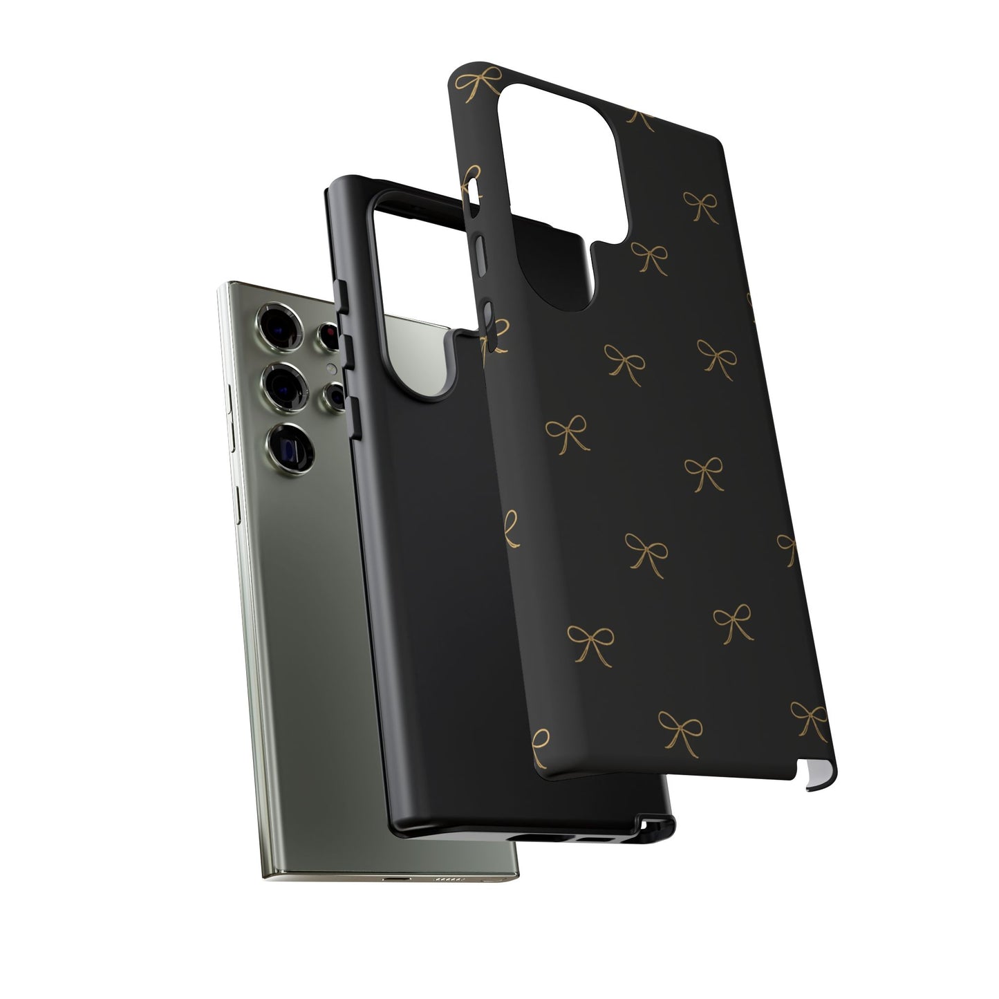 Black Phone Case with Gold Bow Pattern – Slim Protective Cute Aesthetic Cover for Iphone, Samsung Galaxy and Pixel
