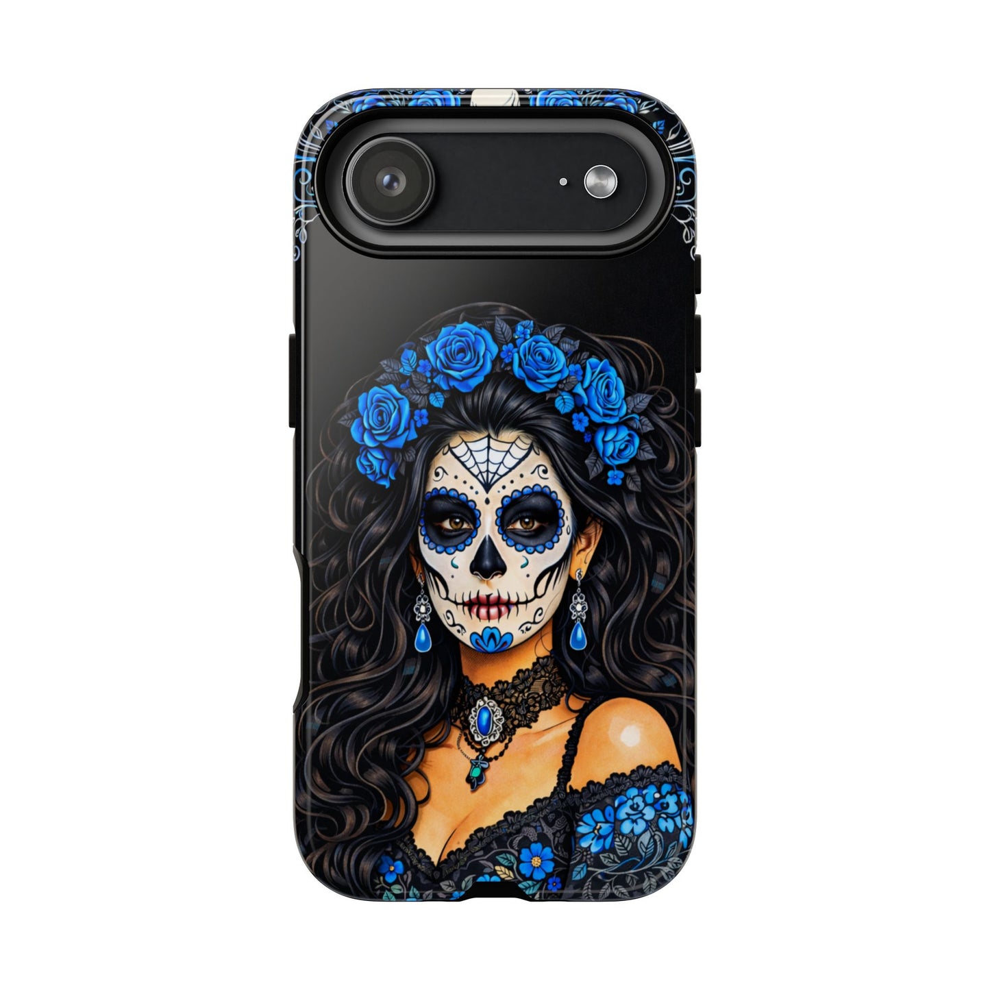 Blue Sugar Skull Woman Phone Case – Day of the Dead Aesthetic Tough Cover
