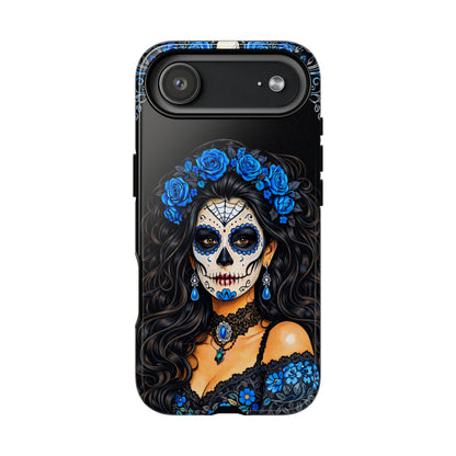 Blue Sugar Skull Woman Phone Case – Day of the Dead Aesthetic Tough Cover