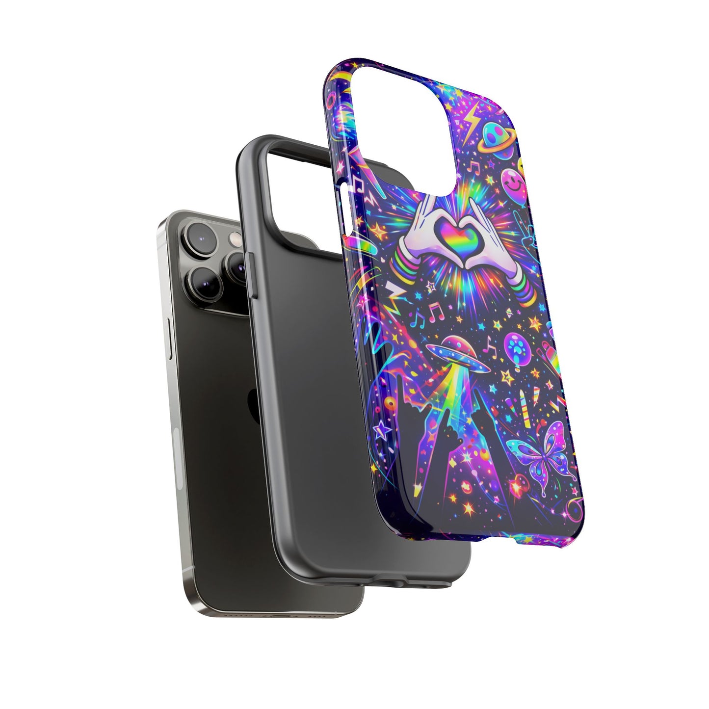 Rainbow Heart Hands Phone Case – Neon Galaxy EDM Festival Tough Cover