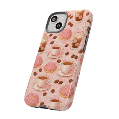 Cute Coffee & Pink Concha Phone Case – Coffee Lover Aesthetic Latte Pattern Tough Case