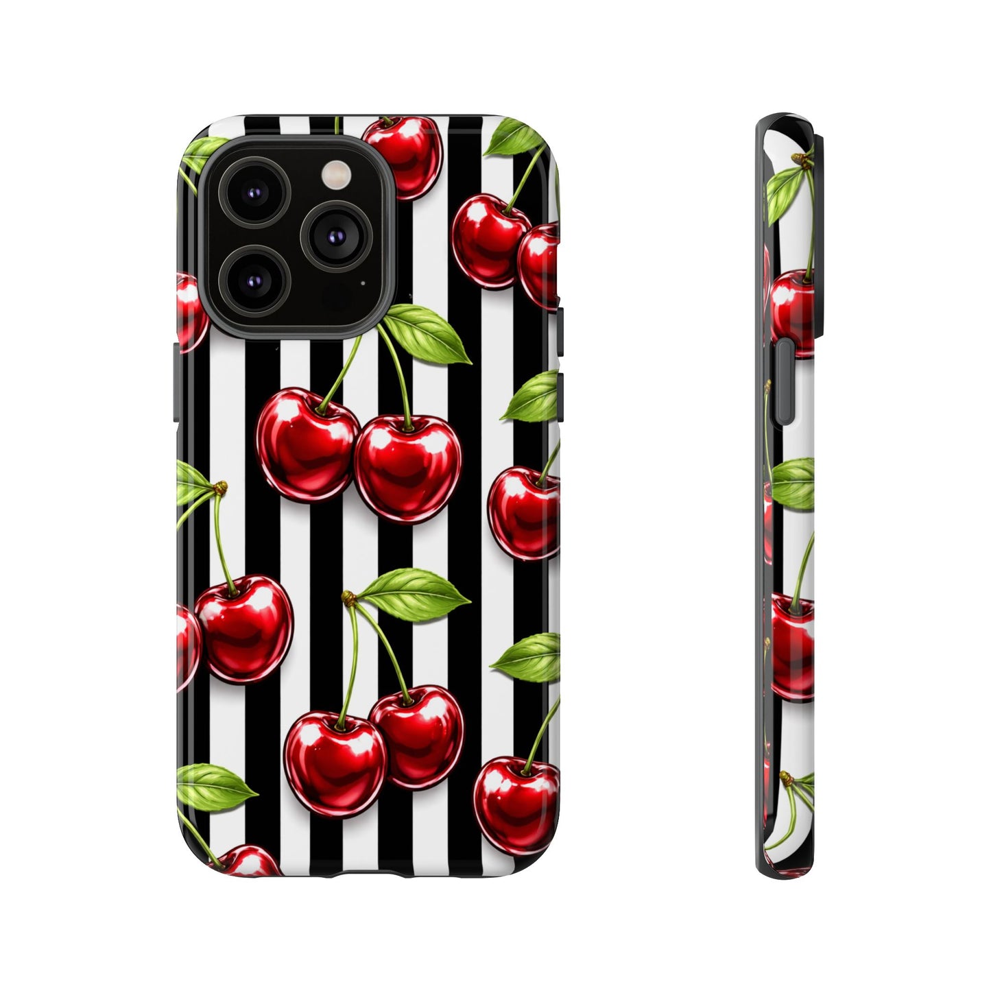 Cherry Pattern Phone Case Black White Stripe Retro Aesthetic Tough Cover