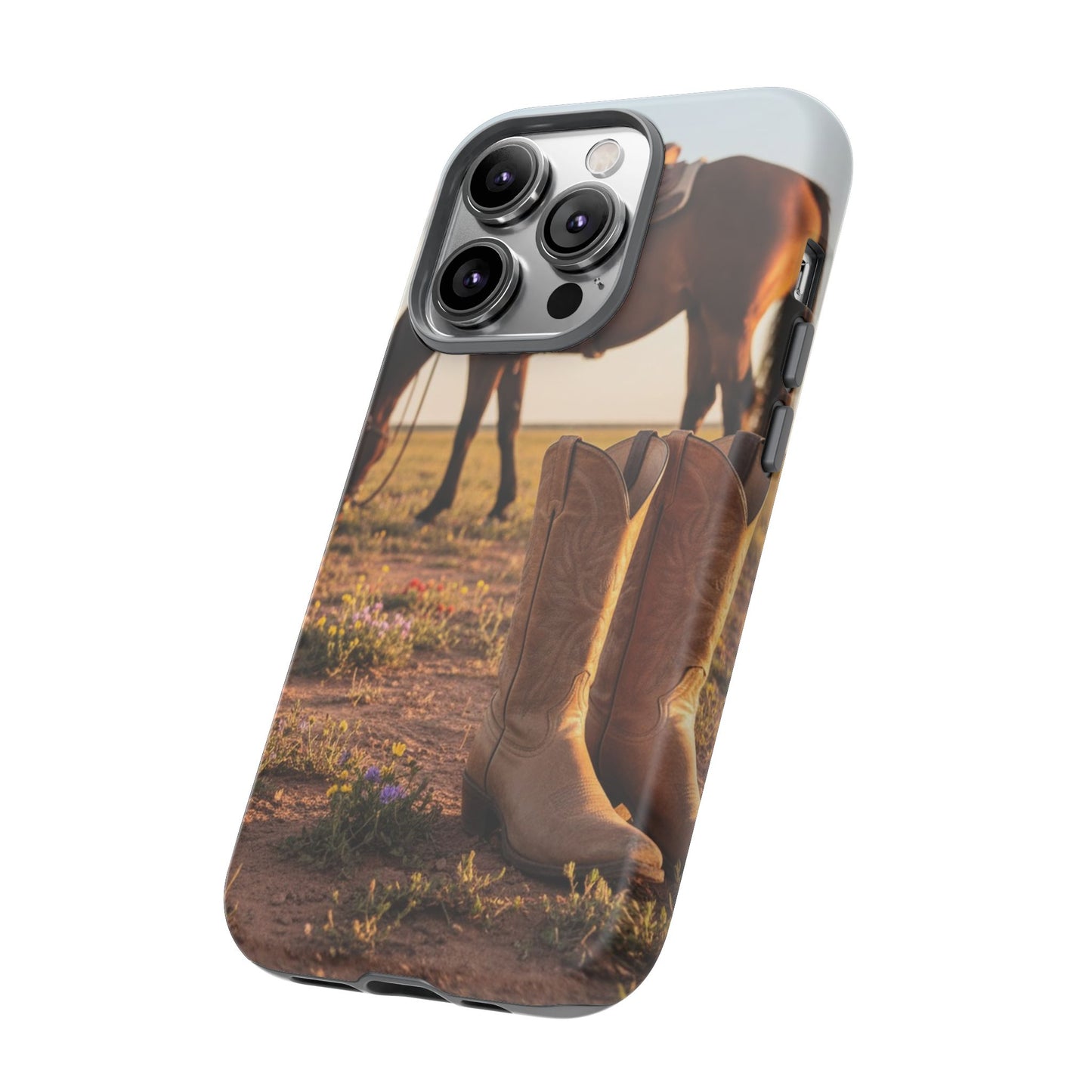 Western Cowboy Boots Phone Case – Rustic Horse Sunset Tough Case (iPhone, Samsung, Pixel)