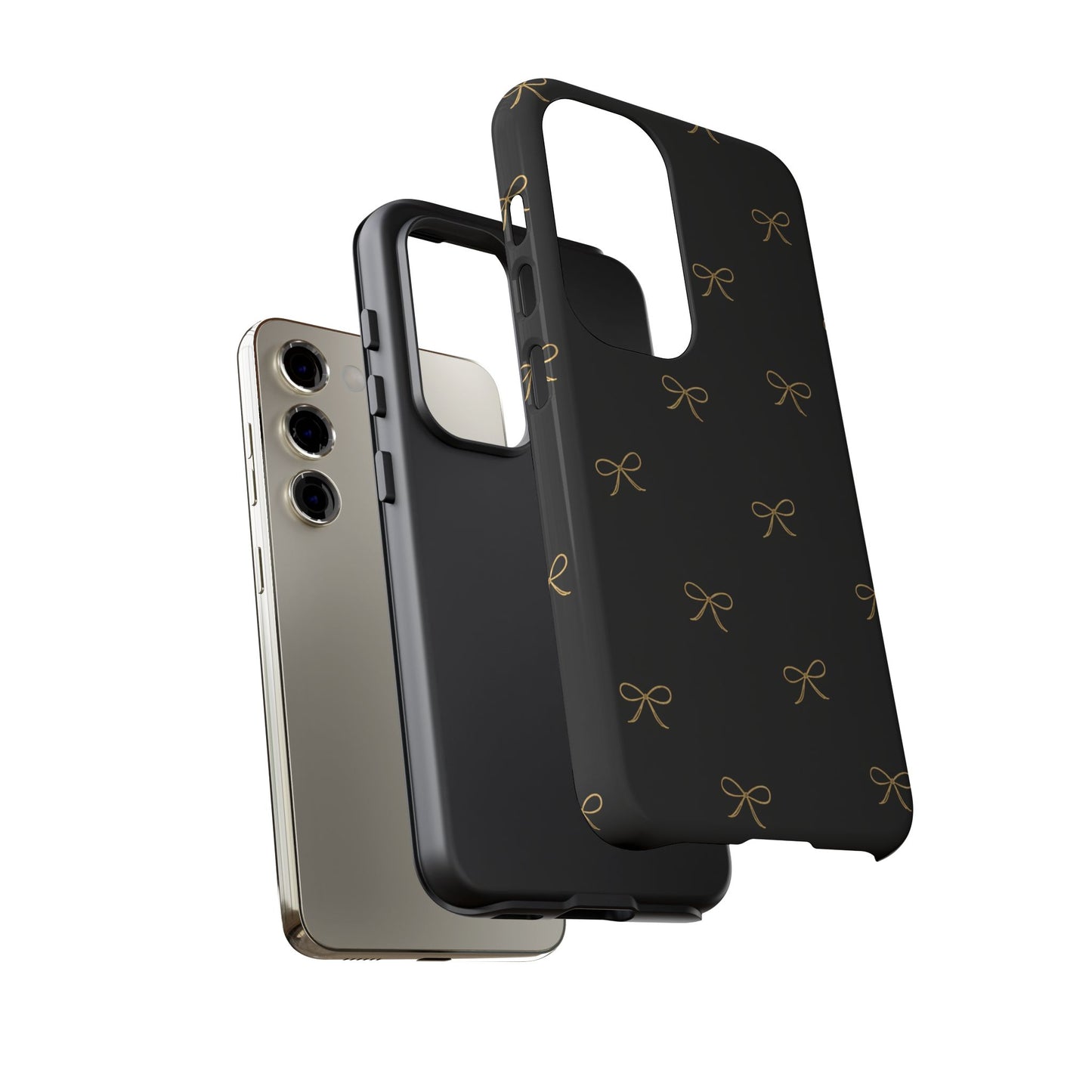 Black Phone Case with Gold Bow Pattern – Slim Protective Cute Aesthetic Cover for Iphone, Samsung Galaxy and Pixel