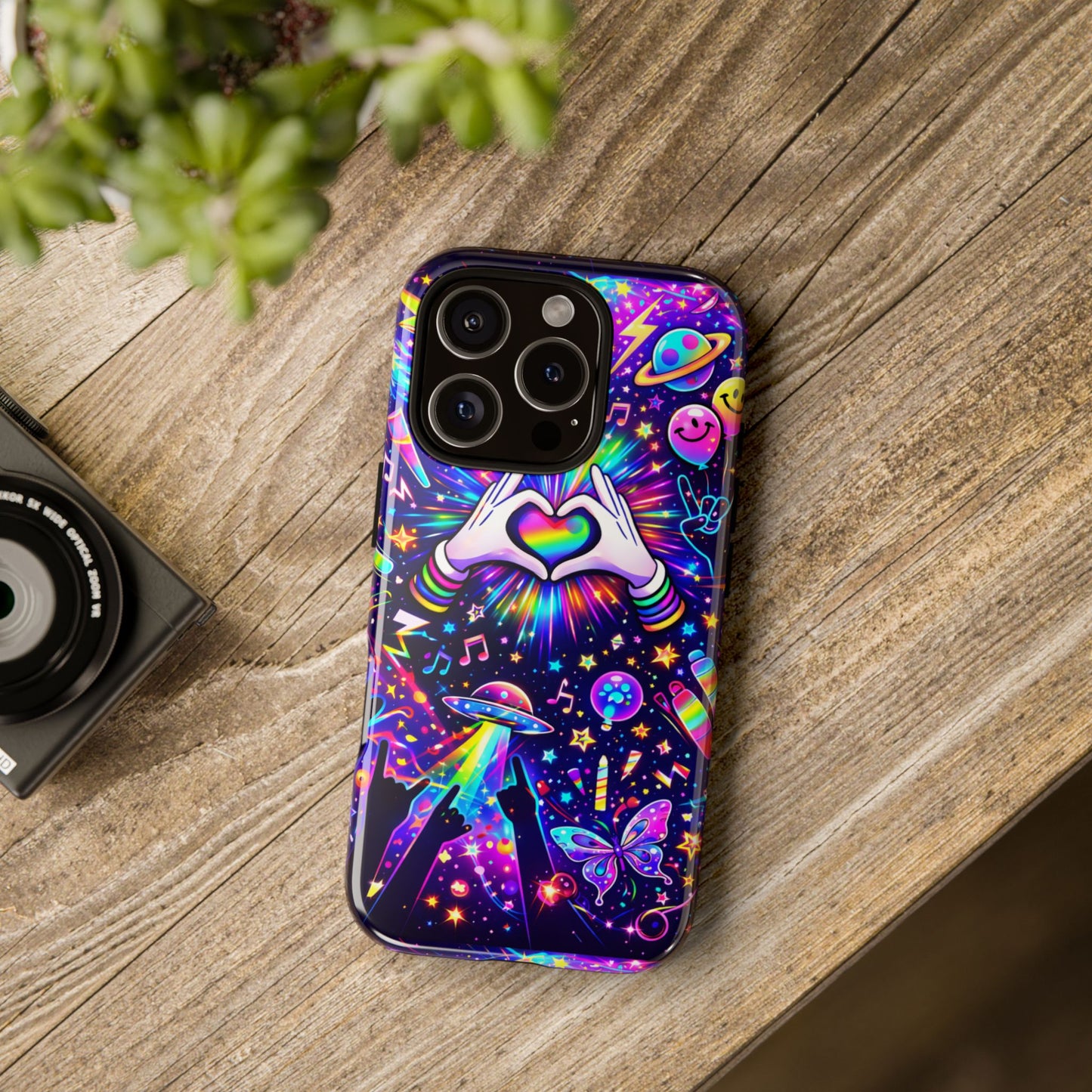 Rainbow Heart Hands Phone Case – Neon Galaxy EDM Festival Tough Cover