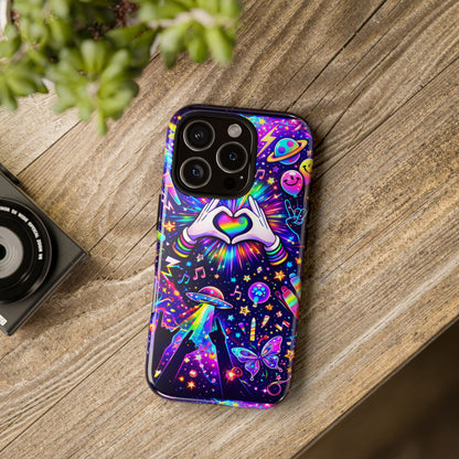 Rainbow Heart Hands Phone Case – Neon Galaxy EDM Festival Tough Cover
