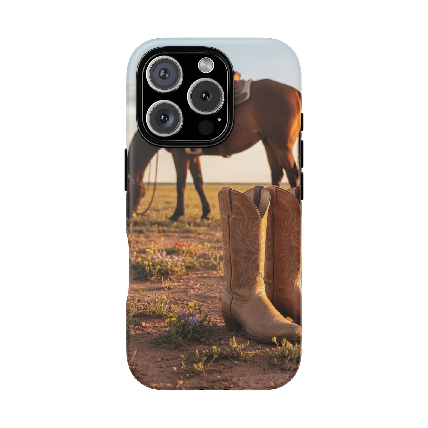 Western Cowboy Boots Phone Case – Rustic Horse Sunset Tough Case (iPhone, Samsung, Pixel)