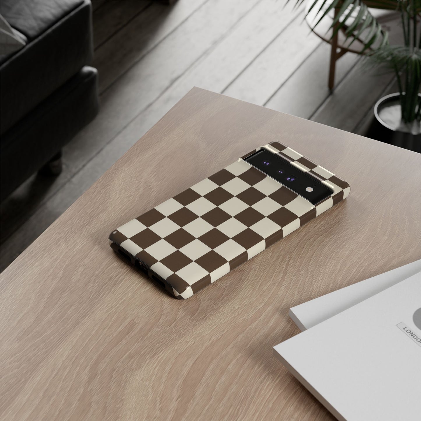 Mocha Checkerboard Phone Case | Neutral Aesthetic Checkered iPhone & Samsung Tough Case